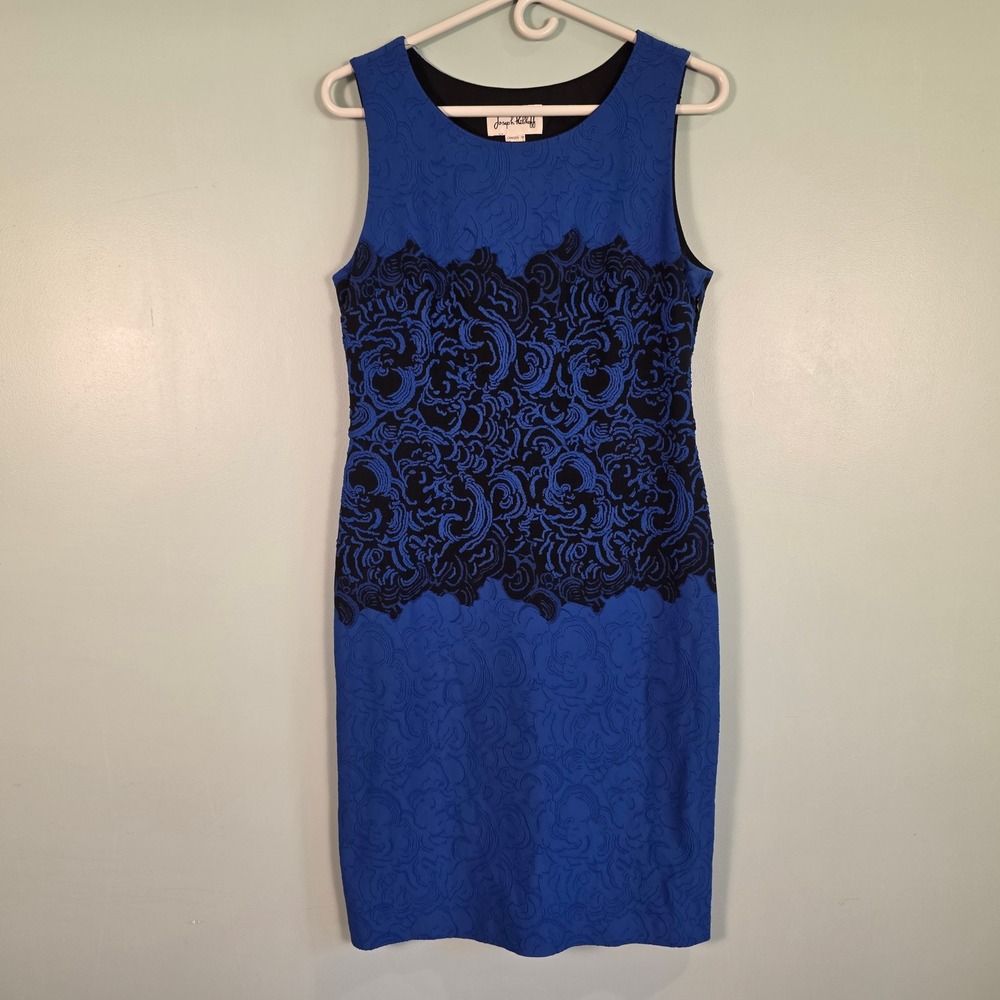 Joseph Ribkoff Royal Blue Black Jacquard Sheath Dress Sleeveless Size 12